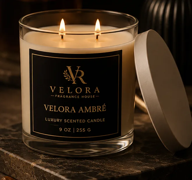 Velora Ambré luxury scented candle on a marble ledge