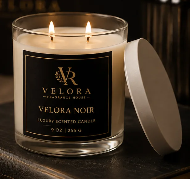 Velora Noir luxury scented candle, lit, with its lid resting alongside