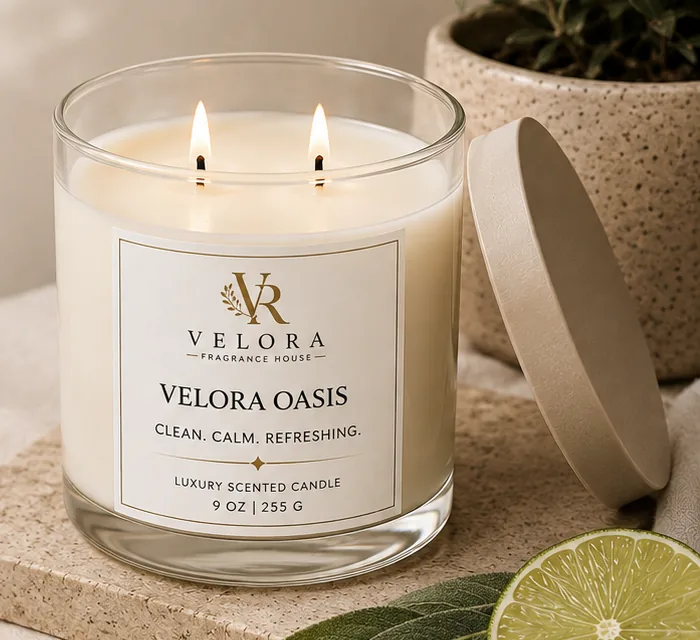 Velora Oasis luxury scented candle beside fresh lime and sage