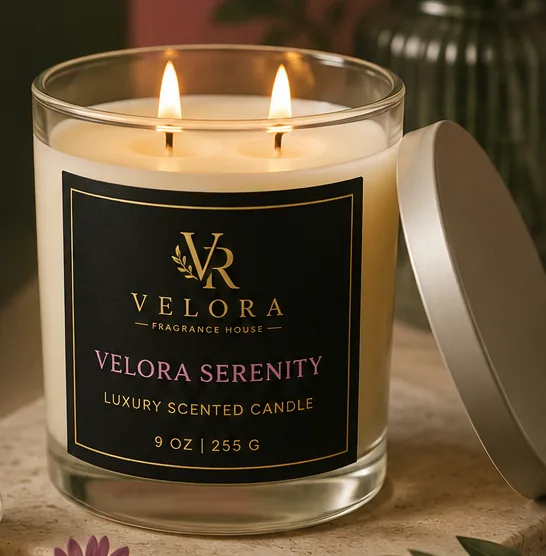 Velora Serenity luxury scented candle with soft florals