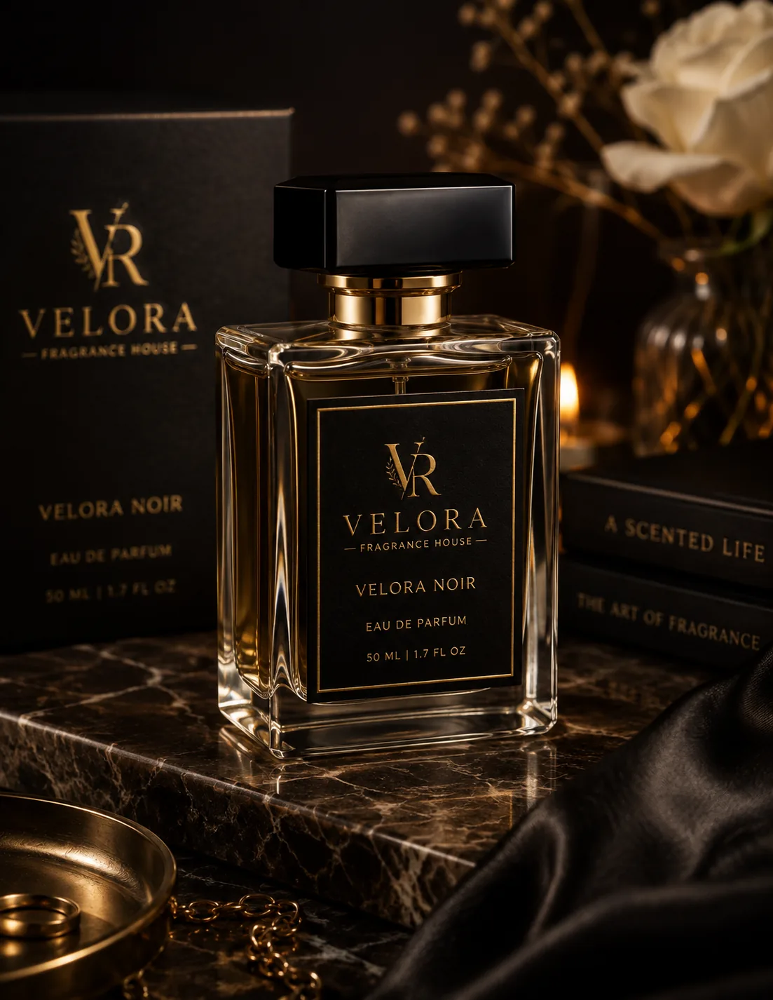 Velora eau de parfum 50 ml flacon on marble beside its black and gold box